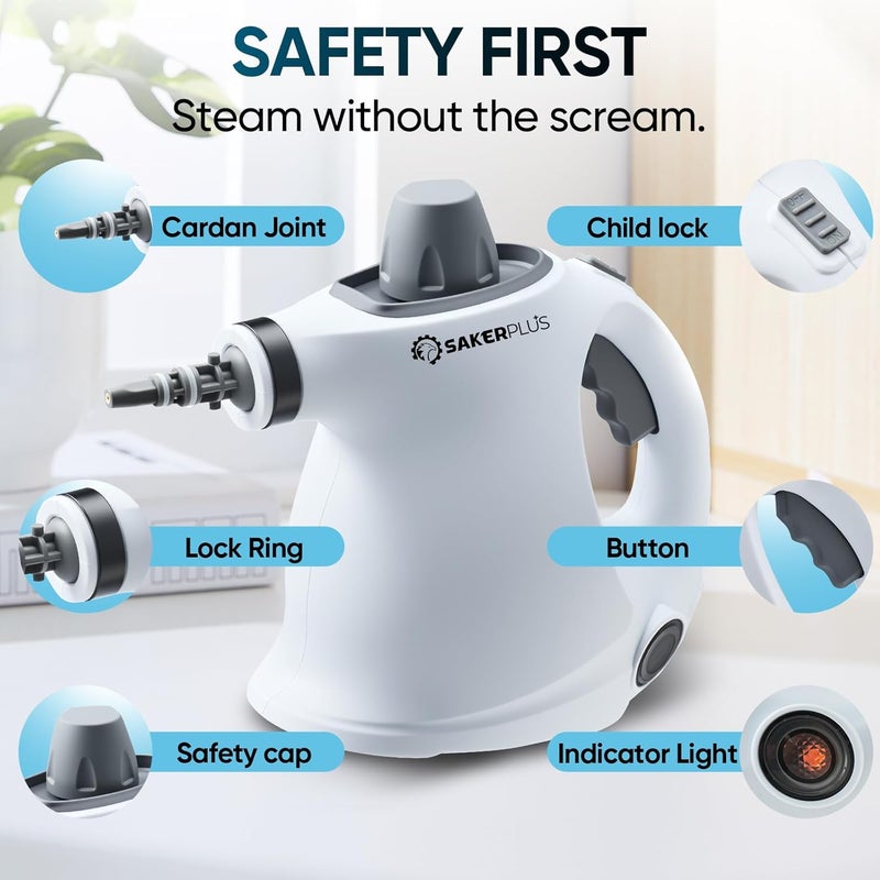 SakerPlus Handheld Steam Cleaner Pressurized Portable Steamer for Home Office Car With 9 Accessories &Safety Lock For Multi-Surface (5 Towel Sleeve) - Image 5